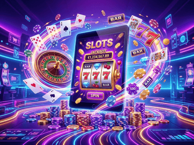 Wow Vegas Casino luxurious gaming environment with neon lights and slot machines